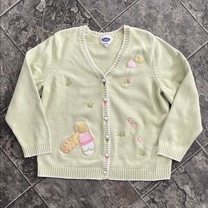 TABI GOLF Knit Button Cardigan Soft Green w Embroidered Appliqué 100% Cotton